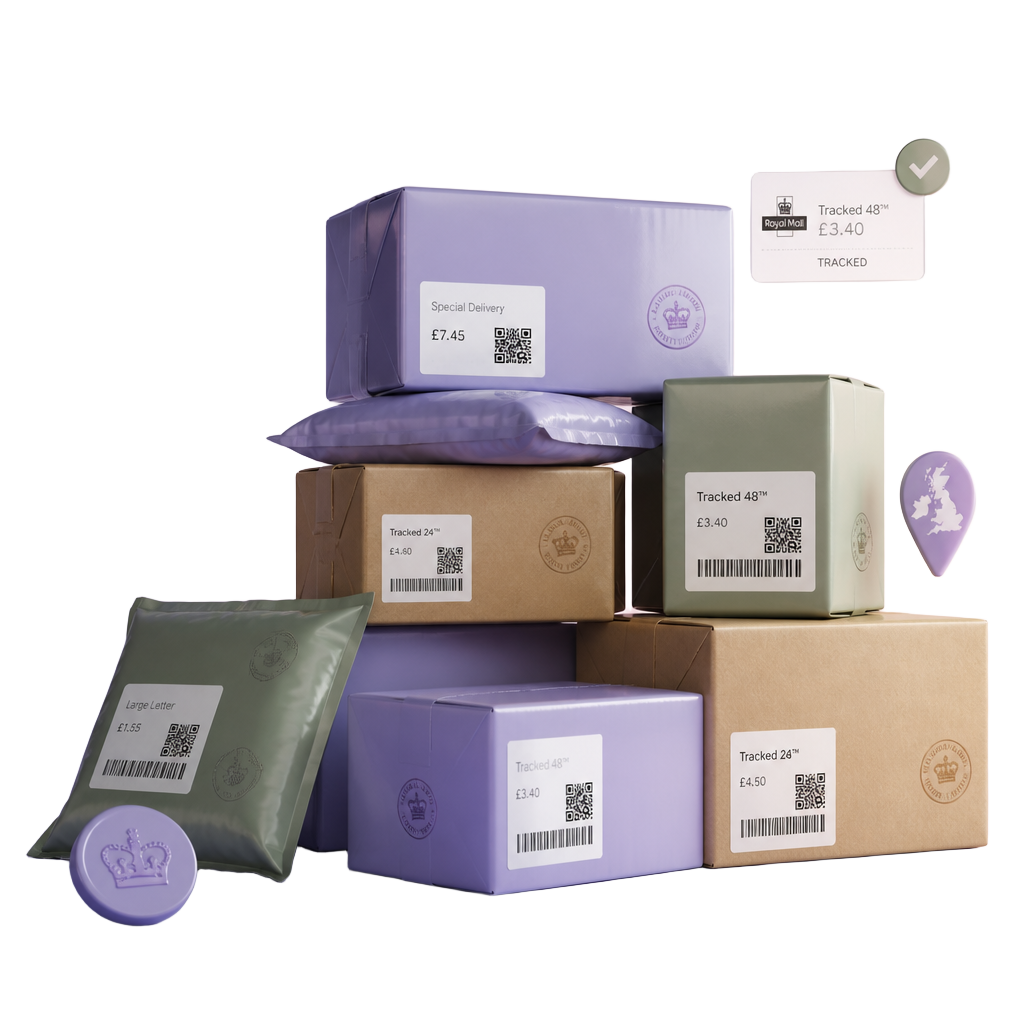 Stacked UK parcels ready for dispatch